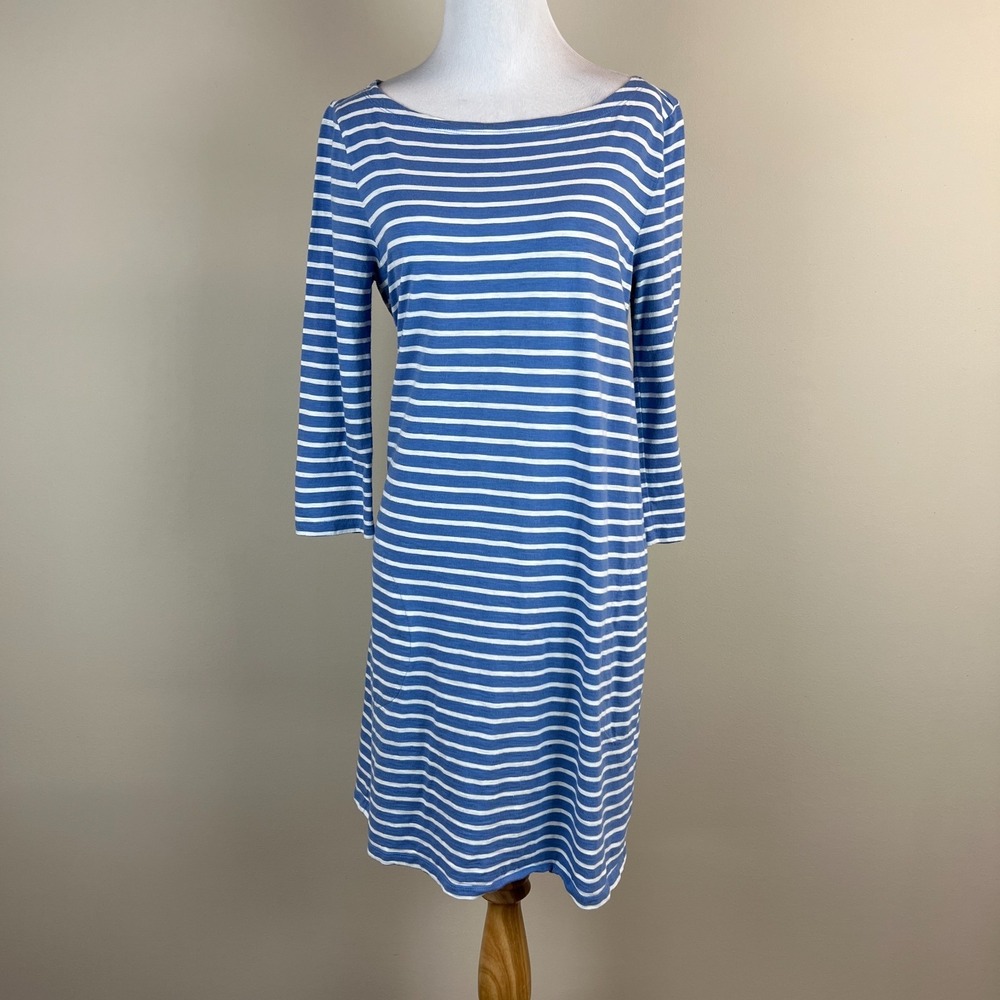 Garnet Hill Dress Womens 10 Blue Striped Shift Cotton 3/4 Sleeve‎ Pockets Casual